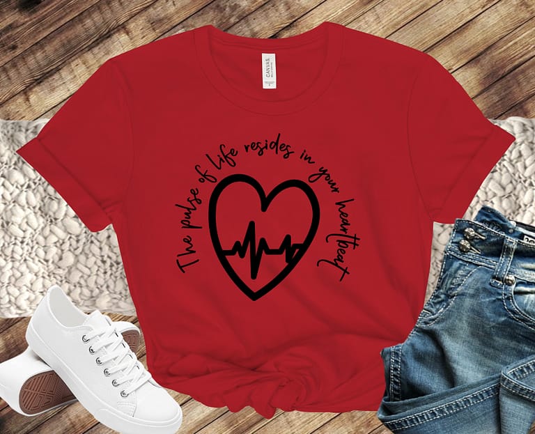 Free The Pulse of Life SVG File printed on a Red T shirt